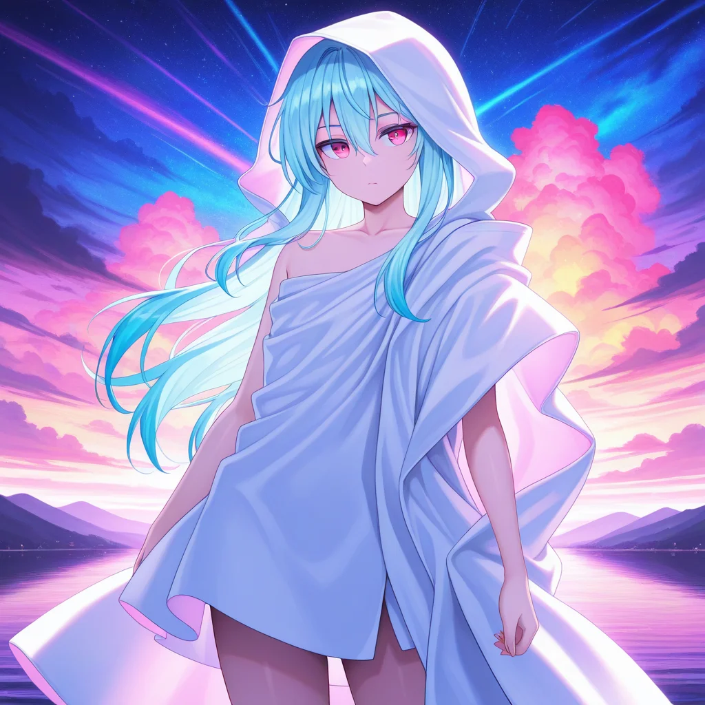 colorful, vibrant, very aesthetic, masterpiece, best quality, detailed background, absurdres, <lora:raphael-v1-000007:1> ts-raphael, 1boy, androgynous, white hooded_robe, single bare shoulders, cowboy shot