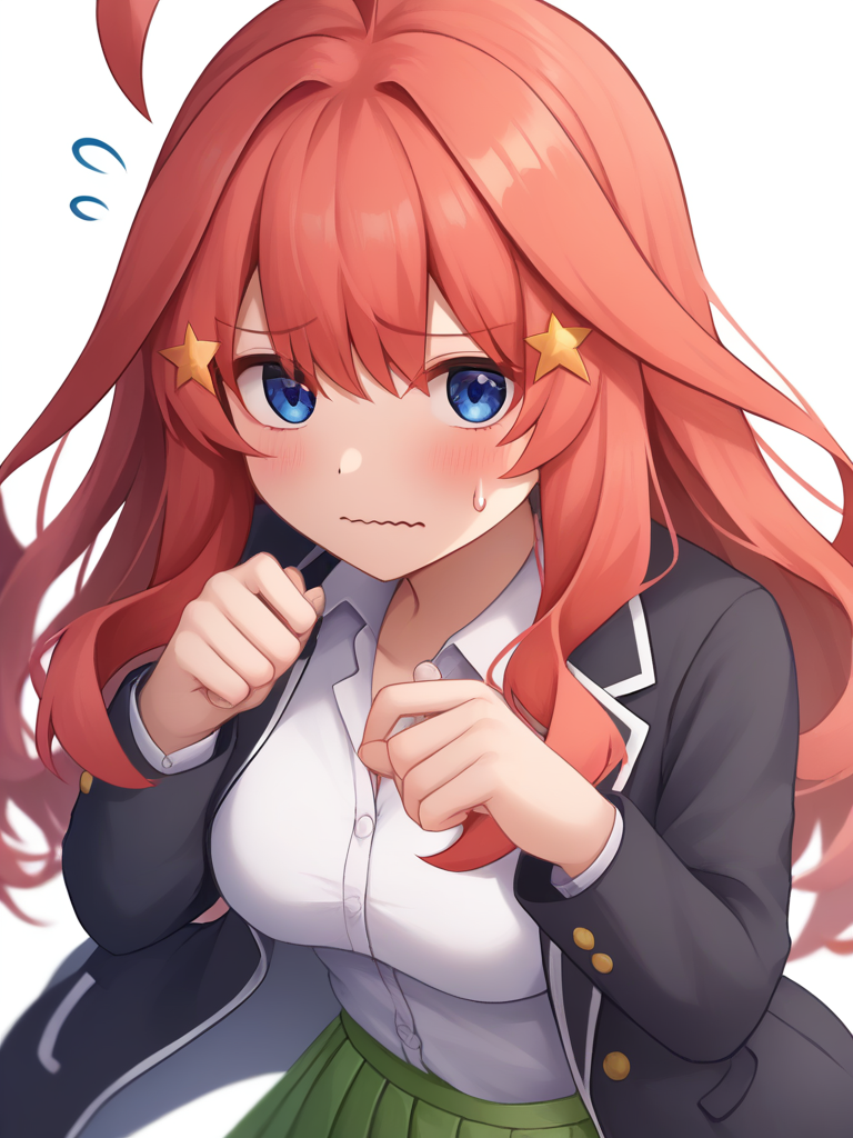 score_9,score_8_up,score_7_up,<lora:go-toubun_no_hanayome_5girl:1>,commentary_request, collared_shirt, open_jacket, closed_mouth, pleated_skirt, wavy_mouth, white_shirt, looking_at_viewer, solo, kirby, hands_up, 1girl, blazer, school_uniform, green_skirt, upper_body, highres, medium_breasts, long_sleeves, flying_sweatdrops, nakano_itsuki, simple_background, black_jacket, white_background
