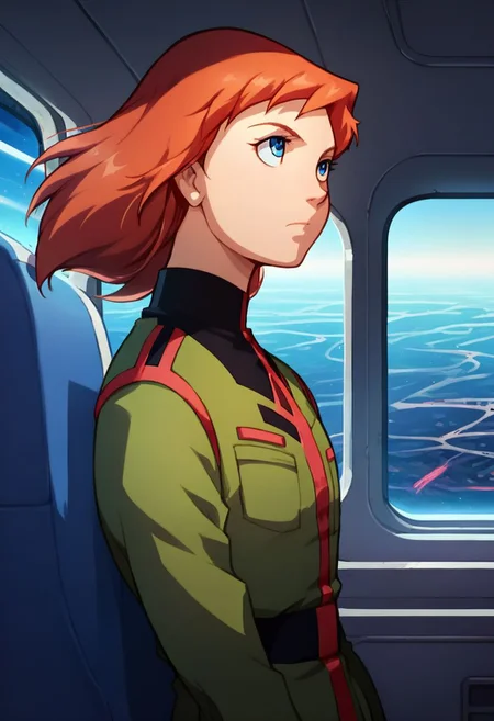 score_9, score_8_up, score_7_up, solo, 1girl, female focus, source_cartoon, 2D, solo, julie_power, red hair, blue eyes, flat chest, uniform, zeon officer, spacecraft interior,