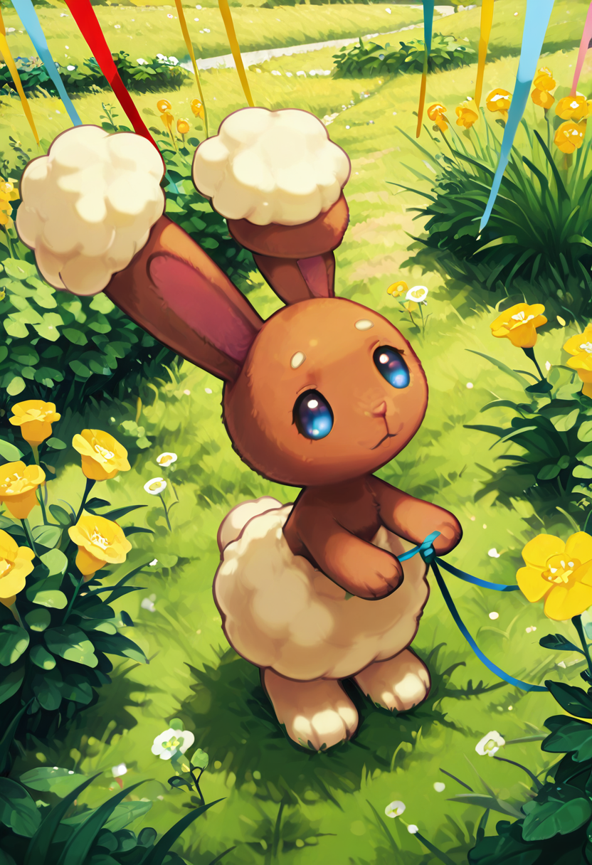 masterpiece, best quality, no humans,    zzBuneary, brown fur, cream puff tail, long ears, bright eyes, grassy field, wildflowers, clover, mid-jump, sunny day, soft breeze, playful energy â In a field of blooming wildflowers, Buneary leaps mid-air, her long ears trailing behind like streamers. A soft breeze stirs the clover and dandelions around her as she bounds with joyful abandon. Her bright eyes sparkle in the sunlight, and her fluffy cream tail bobs like a pompom. The warm afternoon hums with bees and birdsong, perfectly matching her carefree spirit.  <lora:BunearyPokedex_IXL:1.0>,