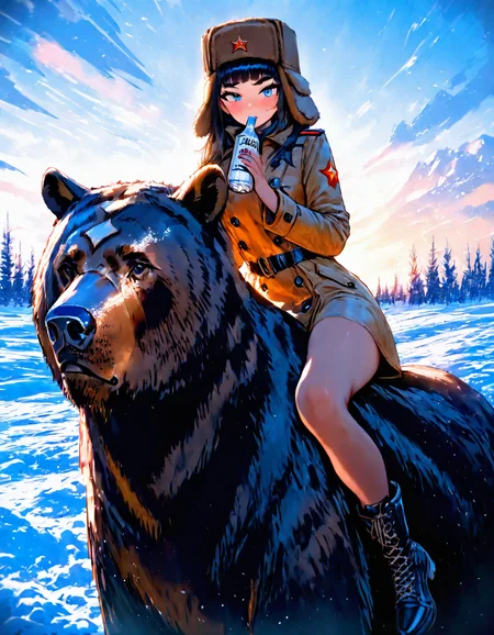 1girl, kara_nemo, explicit, blue eyes, natural eyebrows, ushanka hat, soviet trenchcoat, soviet uniform, riding bear, brown bear, drinking vodka, russian farmland, winter, cold, morning, perfect, romantic lighting, masterpiece, high score, great score, absurdres