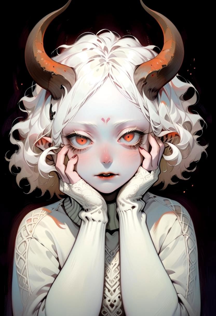 albino demon girl with lethargic sleepy smokey eyes her hands under her chin, white curls, wearing a sweater, (long intricate horns:1.2),