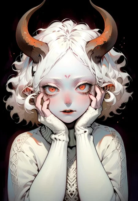 albino demon girl with lethargic sleepy smokey eyes her hands under her chin, white curls, wearing a sweater, (long intricate horns:1.2),