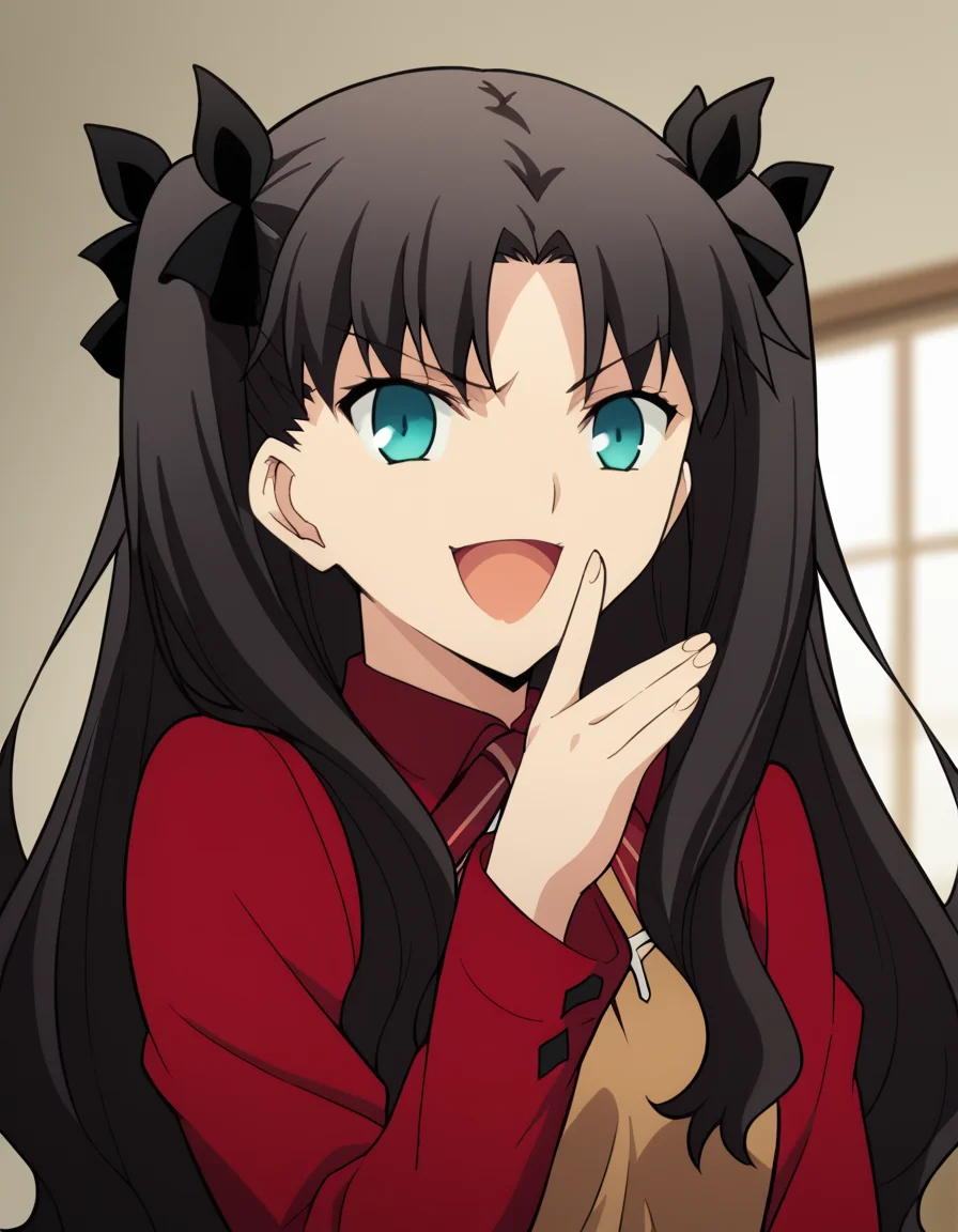 score_9, score_8_up, score_7_up, source_anime, rintohsaka, <lora:rin-tohsaka-ubw-ponyxl-lora-nochekaiser:1>, rin tohsaka, aqua eyes, black hair, hair ribbon, long hair, ribbon, sidelocks, two side up, parted bangs,, <lora:ojou-sama-pose-ponyxl-lora-nochekaiser:1>, ojou-sama pose, laughing, smug, hand to own mouth, open mouth,, indoors, smile,, cowboy shot, dutch angle, looking at viewer,