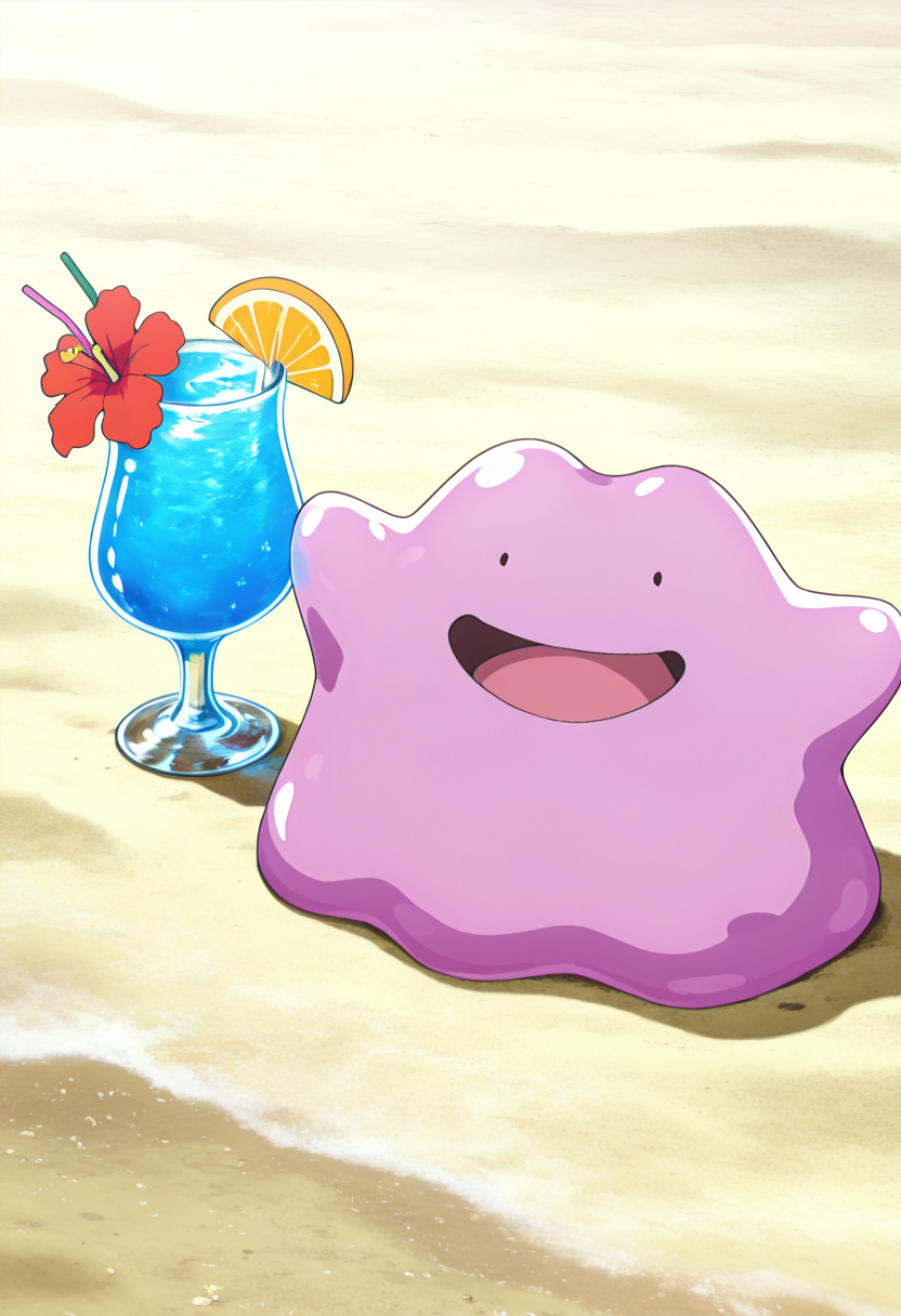 masterpiece, best quality, anime screencap, solo, no humans,   zzDitto, :D, beach, tropical drink,   ,<lora:DittoPokedex_IXL_v1:1.0>,
