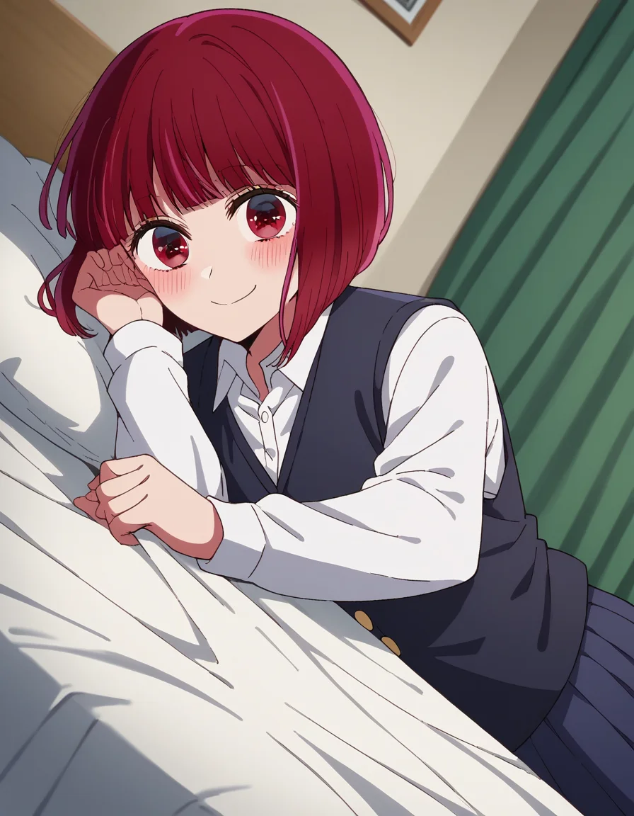 score_9, score_8_up, score_7_up, source_anime,
kanaarima, <lora:kana-arima-s1-ponyxl-lora-nochekaiser:1>,
kana arima, short hair, bangs, red eyes, red hair, bob cut, smile,
long sleeves, school uniform, white shirt, collared shirt, vest, black vest,
indoors, bed, bed room, on side, blush, drunk,
looking at viewer, cowboy shot, dutch angle, solo,