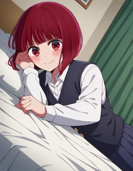 score_9, score_8_up, score_7_up, source_anime,
kanaarima, <lora:kana-arima-s1-ponyxl-lora-nochekaiser:1>,
kana arima, short hair, bangs, red eyes, red hair, bob cut, smile,
long sleeves, school uniform, white shirt, collared shirt, vest, black vest,
indoors, bed, bed room, on side, blush, drunk,
looking at viewer, cowboy shot, dutch angle, solo,