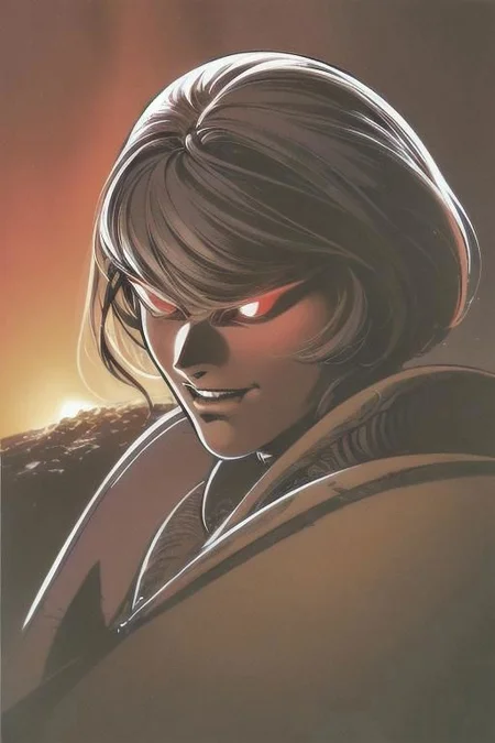 Robot, drone, science fiction, no human, xeno,
tall slender person, athletic, pale skin, white skin,
short purple hair,
red eyes,
crazy smile,
robotic face,
red display,
round face, 
robotic wings, robotic limbs, sharp long claws,
white tight shirt, open shoulder, sleeves,  white gloves,  tight clothe,
armor skirt,
metal boots, high boots,
black sun, red sunlight,
looking at viewer, angry, intimidating gaze,
drawing style,
dynamic light, 
ultra detail,
extremely detailed CG, 
micro intricate, 
highly detailed skin,
highly detailed face, 
highly detailed pupils, 
highly detailed iris, 
RAW photo, 
best quality, 
high resolution,
((masterpiece)),
realistic,
sharp focus, 
HDR, 8K resolution,
intricate detail, 
sophisticated detail, 
hyper detailed,
(depth of field), 
highlight and shadow,
volumetric lighting,
highly detailed background,
by Kentaro Miura:1.1,
comicbookpencils:0.9,
greyscale(line art:1.1)