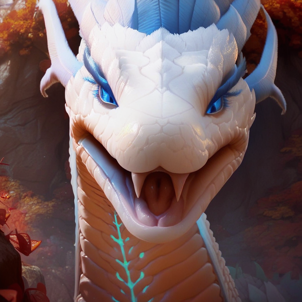 score_9_up, score_8_up, score_7_up, score_6_up, 1girl, solo, xiao_bai, no humans, eastern dragon, scales, horns, blue eyes, open mouth, fangs, smile, outdoors