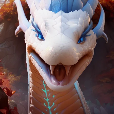 score_9_up, score_8_up, score_7_up, score_6_up, 1girl, solo, xiao_bai, no humans, eastern dragon, scales, horns, blue eyes, open mouth, fangs, smile, outdoors