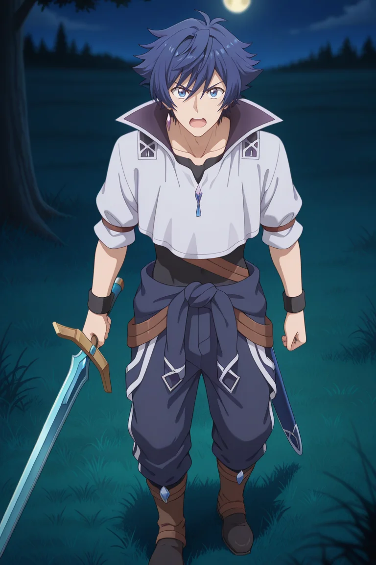 masterpiece, best quality, amazing quality,high resolution, intricate details,official style,depth of field,anime screencap, , , 1boy, solo, male focus, <lora:Allen_Westfelt:0.90>,allen westfelt,blue hair,spiky hair,short hair,mole,jewelry,looking at viewer,open mouth,collarbone,sword,upper body,jump suit,cropped shirt,white shirt,short sleeve,holding sword,full body,boots,wristband,v-shaped eyebrows,straight-on,sheath,outdoors,night,grassland,tree,moon,sky,from above