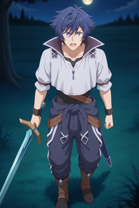 masterpiece, best quality, amazing quality,high resolution, intricate details,official style,depth of field,anime screencap, , , 1boy, solo, male focus, <lora:Allen_Westfelt:0.90>,allen westfelt,blue hair,spiky hair,short hair,mole,jewelry,looking at viewer,open mouth,collarbone,sword,upper body,jump suit,cropped shirt,white shirt,short sleeve,holding sword,full body,boots,wristband,v-shaped eyebrows,straight-on,sheath,outdoors,night,grassland,tree,moon,sky,from above