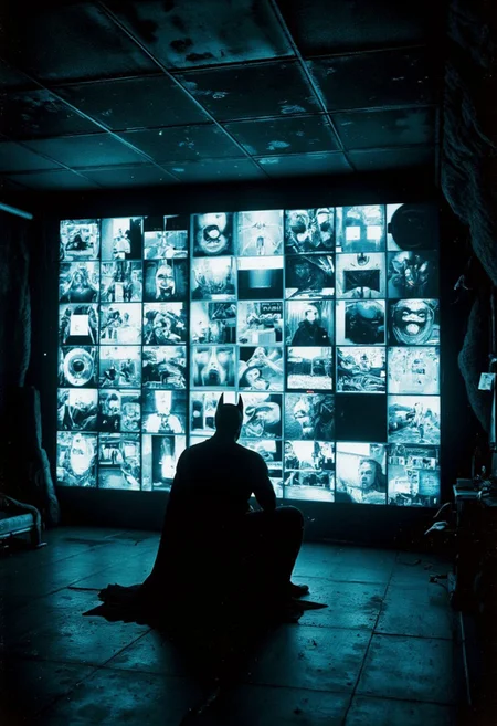 worn-down computer control panels surrounding batman sitting in the ghst batcave, dimly lit, atmospheric haze, mystic haze, fflix_impphoto made out of old CRT screens, swirled monitor rag on otclillsn TV screen Showing memes, In a vast, dark stalactite cave, Batman sits at the center, surrounded by a massive wall of monitors, vigilantly watching over Gotham. 
creating a dystopian hyperpunk scene with vibrant dark dark-blue and black details, cinematic composition, soft shadows, very detailed, hd, RAW photograph, masterpiece, top quality, best quality, photorealistic, amazing quality, masterpiece, best quality, hyper detailed, ultra detailed, UHD, perfect anatomy, portrait, dof, hyper-realism, majestic, awesome, inspiring,