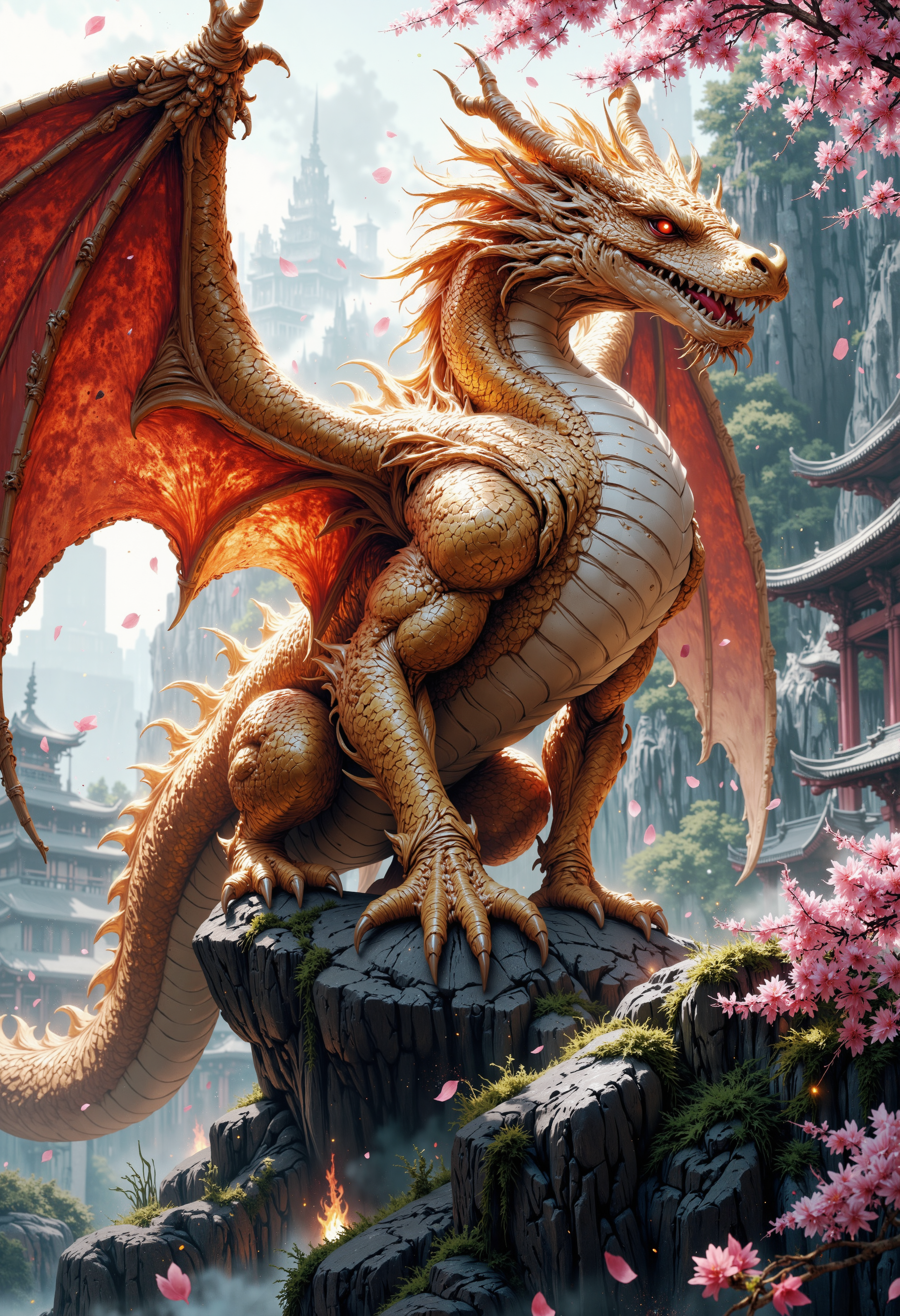 A humongous majestic golden dragon with huge wings, stands powerful on a dark, mossy, rugged rock. The dragon has large, expressive orange eyes and a playful, wise expression, showcasing intricate scales that glisten softly in the light. Surrounding the dragon are soft, white cherry blossom petals that float gently through the air, creating a dreamy atmosphere. The background features a misty landscape, with hints of blurred ancient architecture partially obscured by the fog, enhancing the fantasy setting. The overall aesthetic is hyperrealistic, with meticulous attention to detail in the textures of the dragonâs body and the flowers, complemented by a serene color palette of soft reds, deep grays, and muted blues, evoking a magical, tranquil ambiance.<lora:Flux/MysticFantasy.safetensors:1.0:1.0>