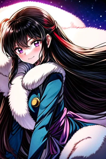 masterpiece, best quality 1girl Setsun4 solo long hair, (night time) forest background black hair very long hair purple eyes multicolored hair armor (fur trim) (medium body),<lora:EMS-179-EMS:0.800000>,<lora:EMS-293862-EMS:0.800000> bow, hair_bow, hair_tubes, red_bow, brown_hair, long_hair, bangs, sidelocks, ascot, brown_eyes, frilled_bow, yellow_ascot, blush, smile, hair_between_eyes