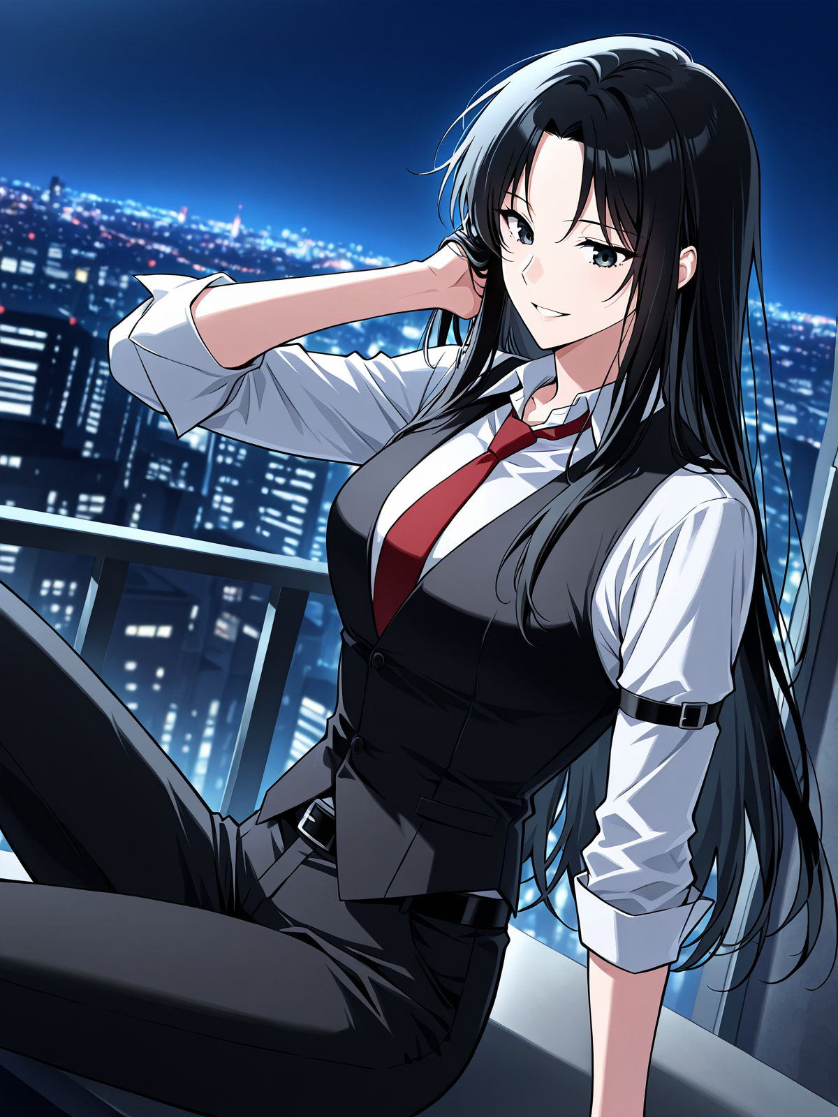 <lora:Omniscient_Readers_Viewpoint__Jung_Heewon:1>
1 girl, solo, black hair, long hair, black eyes, straight hair, loose hair, 
white shirt, red necktie, black vest, black pants, black belt, formal outfit, sleeveless vest, rolled-up sleeves, 
score_9, score_8_up, score_7_up, very aesthetic, source_anime, detailed, high quality, beautiful, masterpiece, detailed eyes, night, illuminated city background, blurry background, cityscape, pose dynamic angle, light smile, open mouth, hand on hair, sitting