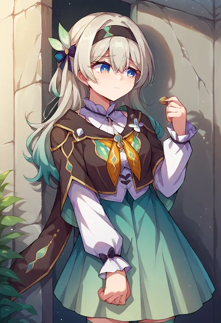 <lora:Marugoshi-Style-PonyXL:1> by marugoshi,  <lora:ChamFireflyPonyXL:1> Firefly, blue pupils, long hair, black hairband, hair ornament, brown capelet, frilled collar, white shirt, long white sleeves, green skirt, gradient thighhighs, :(, holding coin purse, sad,, score_9, score_8_up, score_7_up, source_anime,