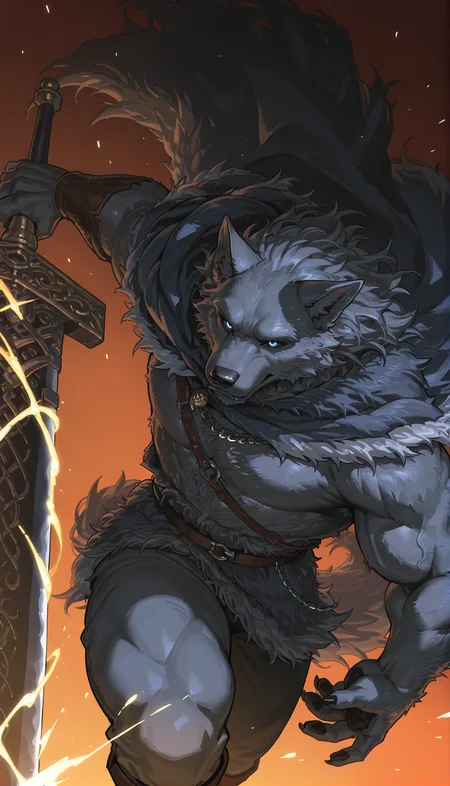 1boy,blaidd \(elden ring\),fromsoftware,blaidd the half-wolf,elden ring,solo,furry male,(5 fingers:1.2),(muscular:1.1),wolf boy,dynamic angle,greatsword,simple background,
very awa,masterpiece,best quality,newest,highres,absurdres,<lora:zoroj:0.45>,<lora:hyaku1063:0.5>,