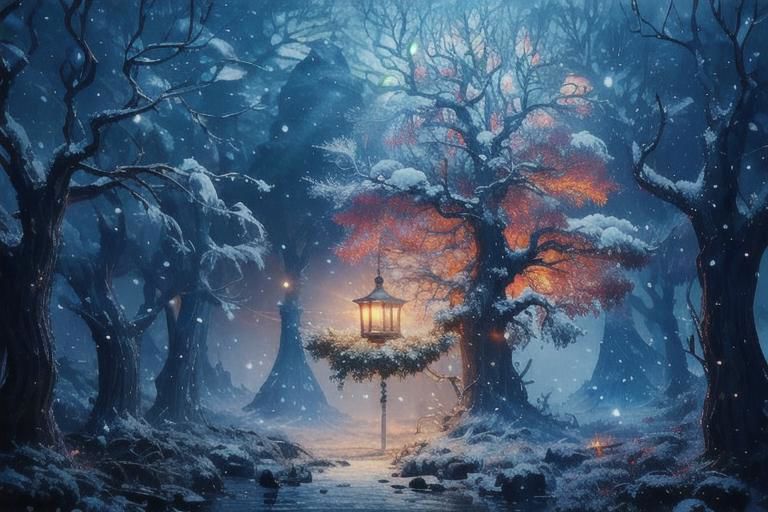 Two small robin birds on a snowy branch of a tree, one with a woolen hat and the other with a scarf illuminated by a lantern hanging from a branch, it is getting dark and snowing, in the background the last lights of the day and snowy trees blurred by the fog and falling snow, 3D style, Disney, Pixar, 4K, the little birds in focus, detailed drawing something that does not even exist, mythical being, energy, molecular, textures, impressive beauty, pure perfection, divine presence, unforgettable beauty, impressive , impressive, volumetric light, auras, rays, vivid reflected colors, you can see snowflakes falling, studio lighting, very detailed