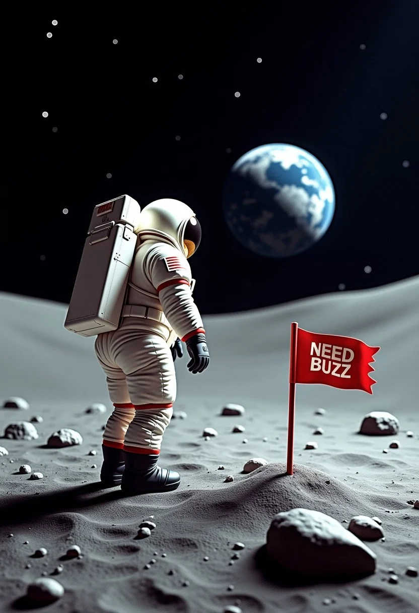 Hyper-realistic high-resolution shot of an astronaut standing on the moon. Next to the astronaut, "NEED BUZZ" is written in a flag, in the back of the shot you can see the earth and the stars. The image is made with clear details and soft, uniform lighting, emphasizing the landing of the moon by buzz aldrin
