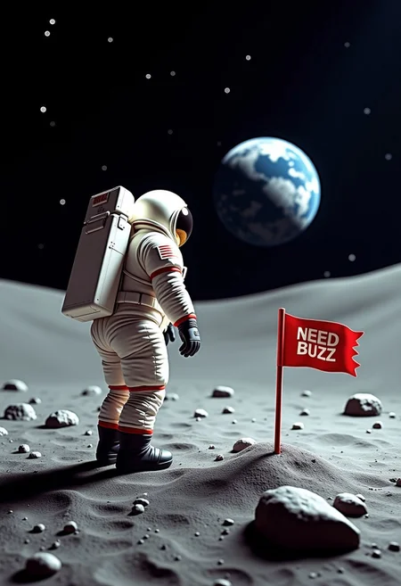 Hyper-realistic high-resolution shot of an astronaut standing on the moon. Next to the astronaut, "NEED BUZZ" is written in a flag, in the back of the shot you can see the earth and the stars. The image is made with clear details and soft, uniform lighting, emphasizing the landing of the moon by buzz aldrin