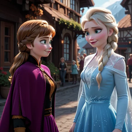 score_9, score_8_up, score_7_up, score_6_up, score_5_up, score_4_up, rating_questionable, 2girls, AnnaElsa, sisters, in a Norwegian village,