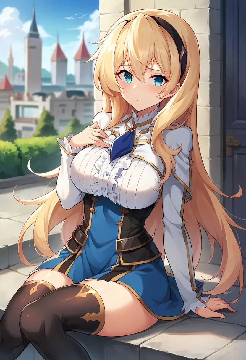 score_9, score_8_up, score_7_up, source_anime, masterpiece, 1girl, ctiancelesti4, blue necktie, white capelet, long sleeves, underbust, blue skirt, emblem, black thighhighs, frills, frilled skirt, looking at viewer, outdoors, city, depth of field, day, sunny, <lora:Celestia_Ralgris_pony_ct:1>
