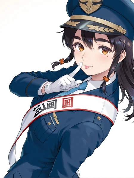masterpiece,best quality,newest,1girl,solo,
<lora:mao2_ilxl_v1.2:1>,mao2,m_hat,m_clothes,white gloves,blue jacket,mole under eye,
<lora:Fixhands_anime_bdsqlsz_V1:1>,looking_at_viewer,light_blush,cinematic_angle,looking_at_viewer,white_background,simple_background,upper_body,face_focus,portrait,from_back,looking_back,;p,shushing,