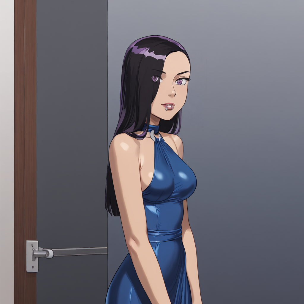 <lora:Vampblade_pony_v1:1>Katie, 1girl, long hair, hair over one eye, black hair, medium breasts,  makeup, purple eyes, cowboy shot,  <lora:0932 Home wear 9_v1_pony:1> ruanyi0932,blue dress,halter dress,sleeveless,cowboy shot,taut dress,skin tight,long dress