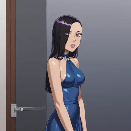 <lora:Vampblade_pony_v1:1>Katie, 1girl, long hair, hair over one eye, black hair, medium breasts,  makeup, purple eyes, cowboy shot,  <lora:0932 Home wear 9_v1_pony:1> ruanyi0932,blue dress,halter dress,sleeveless,cowboy shot,taut dress,skin tight,long dress