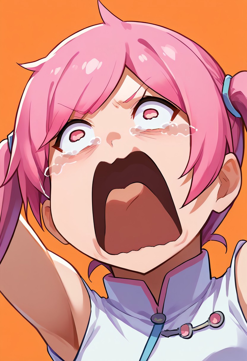score_9, score_8_up, source_anime, 1girl, solo, Akiho_Rindou, pink hair, twintails, pink eyes, white dress, aquascreaming, screaming, open mouth, crying with eyes open, reaching out, bending over, freebos_smoothiestyle