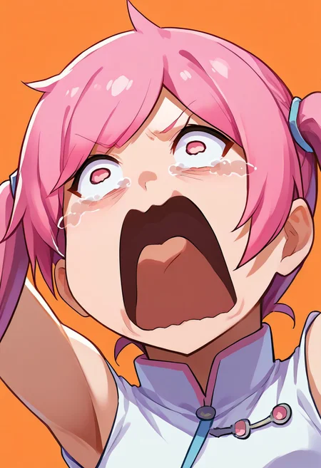 score_9, score_8_up, source_anime, 1girl, solo, Akiho_Rindou, pink hair, twintails, pink eyes, white dress, aquascreaming, screaming, open mouth, crying with eyes open, reaching out, bending over, freebos_smoothiestyle