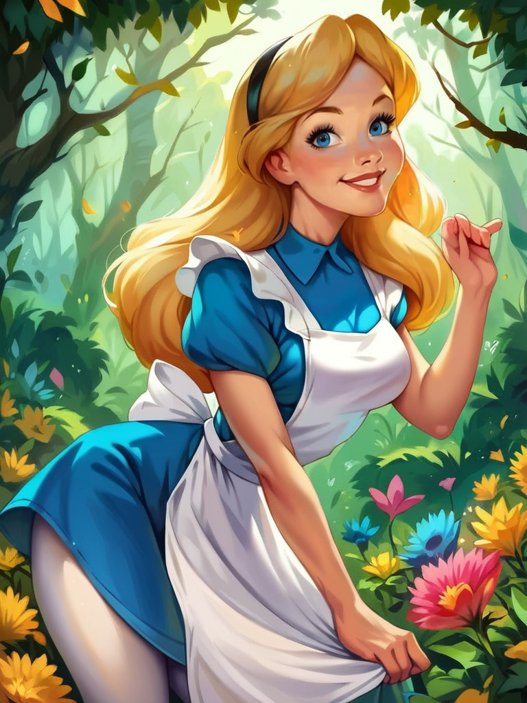 core_9, score_8_up, score_7_up, score_6_up, AliceWaifu walking in a forest around multiple flowers, magic particles, leaning forward, cute pose, medium breasts, narrow waist, wide hips, thick thighs, cinematic, naughty face, smile,  blue eyes, blue dress, white pantyhose, apron, black hairband, blonde, disney style, looking at viewer, realistic, cute,
detailed landscape, cowboy shot,
 <lora:AliceInWonderlandXLPony_character-10V2:0.8>