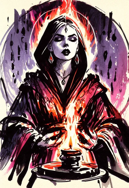inksketch,
a grim faced young woman wearing a black robe, buzzcut, lipstick, magic circle, sorceror, crystals, portal, lighting, fire, mist, ritual,
