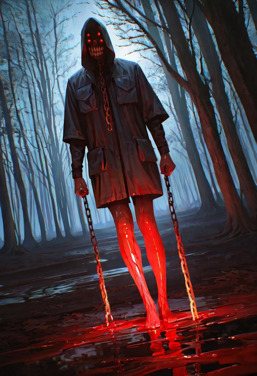 detailed face, detailed body,shiny skin,photorealistic, dutch angle, masterpiece, best quality, amazing quality, very aesthetic, absurdres,  newest, scenery, volumetric lighting,
teeth, horror_(theme), blood, , , solo, , barefoot, , chain, , standing, 1other, 1boy, pocket red_eyes, blood, nature, night, 
in the background is a dark, gloomy forest in the fog, autumn,,dark atmosphere, night