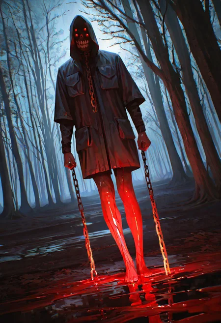 detailed face, detailed body,shiny skin,photorealistic, dutch angle, masterpiece, best quality, amazing quality, very aesthetic, absurdres, newest, scenery, volumetric lighting,
teeth, horror_(theme), blood, , , solo, , barefoot, , chain, , standing, 1other, 1boy, pocket red_eyes, blood, nature, night,
in the background is a dark, gloomy forest in the fog, autumn,,dark atmosphere, night