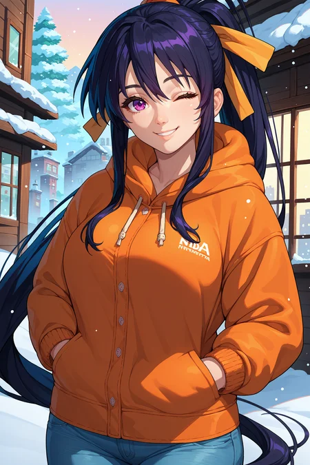 score_9, score_8_up, score_7_up, score_6_up, source_anime, 1girl, solo, <lora:akenohimejima-pdxl-nvwls-v1-000005:1> dxdAH, black hair, ponytail, very long hair, purple eyes, hair ribbon, large breasts, orange hoodie, jeans, looking at you, wink, smile, winter, snow, hands in pockets, city