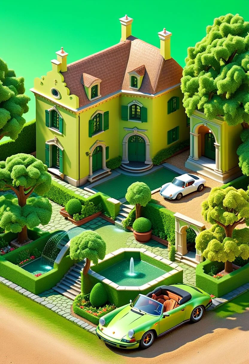 ispzxll, diorama, isometric, miniature, french mansion courtyard, meticulous gardens, gravel, dirt, well kept, mature tree, intricate fountain, spraying, water, scenery, decorations, green porsche sports car convertible, volumetric lighting