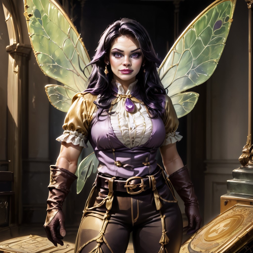 Action scene, Photo realistic, hyper realistic, score_9, rating_safe, solo (arch fey woman, (beautiful detailed face), (violet eyes), (bronze metallic gold skin ral-polishedsteel), (pirate, white blouse, black pants, gloves), (fairy wings), (long black hair), (thick thighs | large muscles), (sword belt)), standing next to a throne, in a detailed throne room, hi res, hi quality, 4k, realism