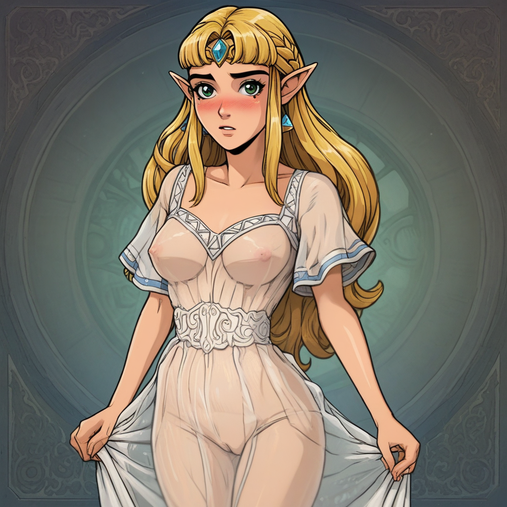 source_hentai, score_9, score_7_up, (4k4bur5tyl3), retro_artstyle, science_fiction, BREAK, Princess Zelda, long hair, (blonde hair), green eyes, perfect eyes, eyelashes, blonde eyebrows, blush, looking at viewer, rating_explicit, 1girl, solo, mole under eye, mole on thigh, dress, see-through, lingerie, covered nipples, cameltoe, detailed background,