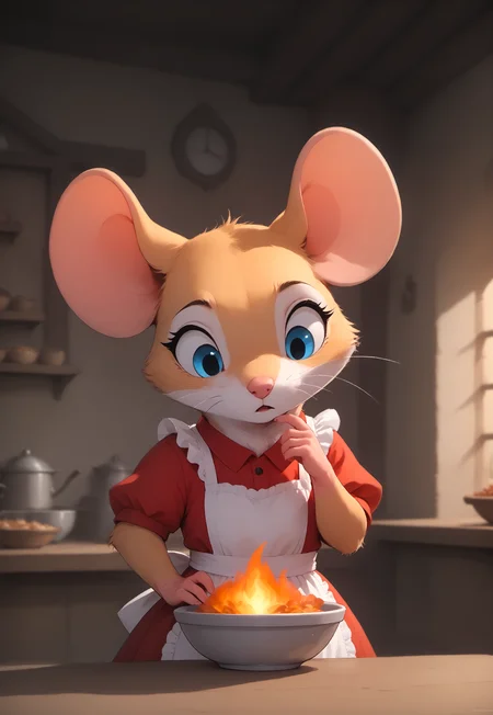 score_9, score_8_up, score_7_up, score_6_up, score_5_up, score_4_up, m0use_goldie, detailed background, (cute, feral:1.3),
red frilly shirt, white apron (looking down:1.3), (upper body shot, head focus), cottage, kitchen, holding chin, (hand on hip:1.1), (confused:1.1), :<, (chibi:0.3), (table, at table:1.2), low angle view,