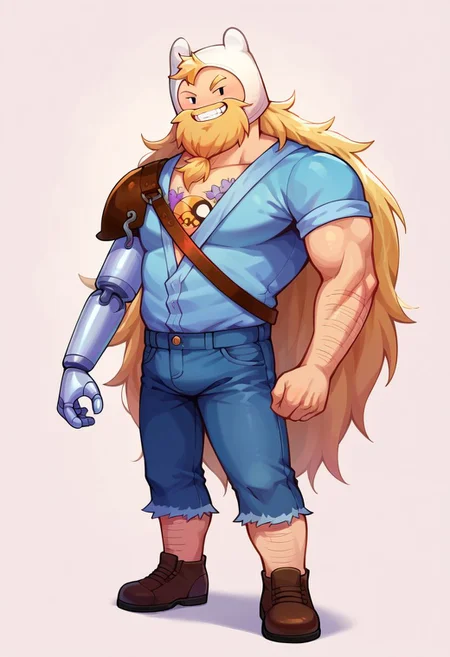 score_9, score_8_up, score_7_up, score_6_up, score_5_up, score_4_up, Finn_Mertens(adult), full body, blue topwear, cutoffs, prosthetic arm , headwear, full body, standing, facing veiwer, smirk, <lora:aesthetic_anime_v1s:1> <lora:xl_more_art-full_v1:1>  forest,