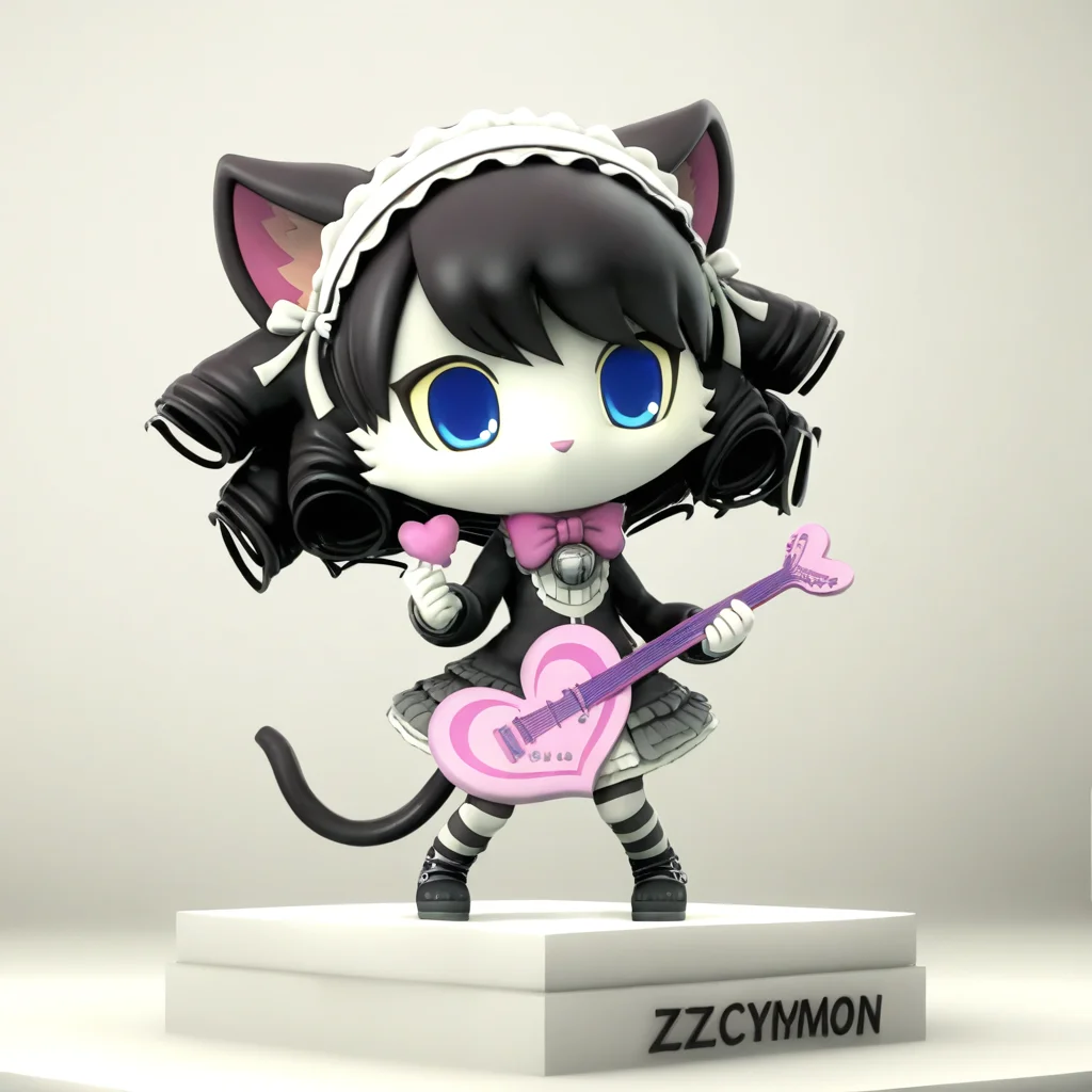 masterpiece, best qualify, zzcyanmyuumon, 1girl, animal ears, cat girl, furry, instrument, cat ears, furry female, guitar, solo, cat tail, tail, black hair, blue eyes, holding instrument, open mouth, bow, bell, drill hair, cat, smile, looking at viewer, hairband, dress, bangs, standing, holding, gothic, short hair, pink bow, maid headdress, parody, whiskers, black footwear, full body, body fur, :d, black dress, long sleeves, chibi, bowtie, :3, heart, fashion, electric guitar, playing instrument, puffy sleeves,