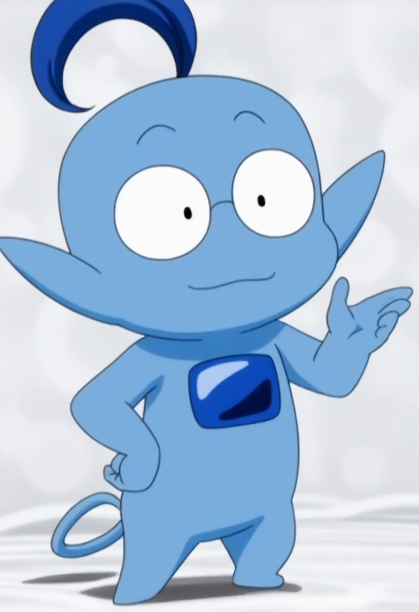 no humans, solo, pokemon(creature), wide-eyed, black eyes, glasses, ahoge, 1boy, blue skin, male focus, tail, pointy ears, full body, evil smile, simple background, high quality