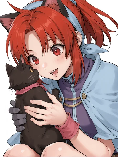 masterpiece,best quality,newest,
solo,1girl,
<lora:chris_ilxl_v1.1:1>,chris,red hair,red eyes,c_clothes,single glove,
<lora:Fixhands_anime_bdsqlsz_V1:1>,cat,open mouth,smile,animal,:d,sitting,blush,black cat,simple background,white background,cat ears,looking_at_animal,holding_animal,upper_body,