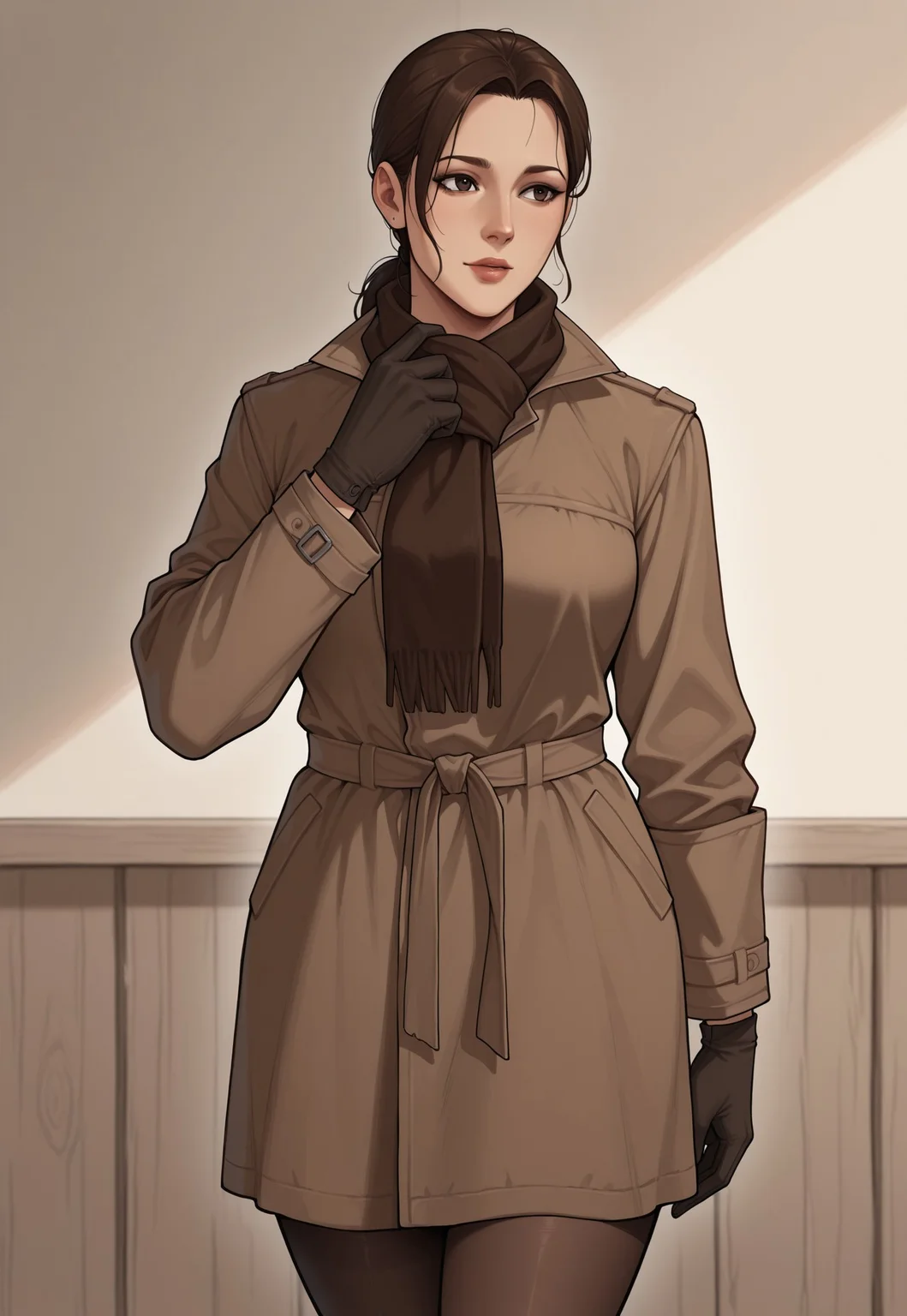 masterpiece, best quality, semi-realistic, cartoon style, cowboy shot, 1girl, mature female, solo, NaomiMGS, ponytail, Scarf, dark brown coat, gloves, pantyhose,
