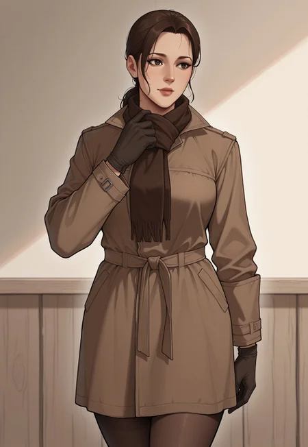 masterpiece, best quality, semi-realistic, cartoon style, cowboy shot, 1girl, mature female, solo, NaomiMGS, ponytail, Scarf, dark brown coat, gloves, pantyhose,