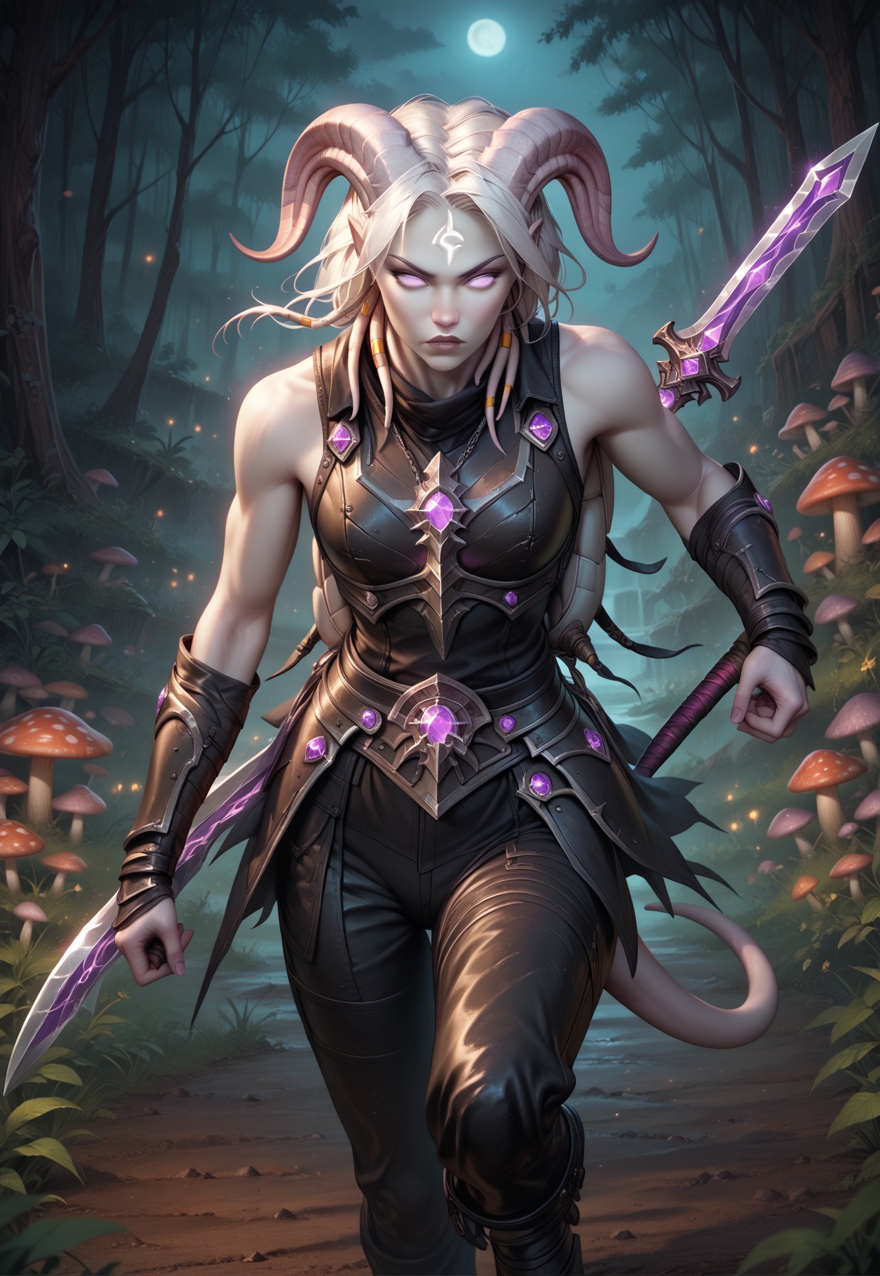 (absurdres, best quality, masterpiece:1.4), score_9, score_8_up, score_7_up, score_6_up, detailed, detailed body, detailed face, 

(culDraenei, female, purple eyes, no sclera, no pupils, athletic, tall, slim, pale skin, grey skin, long tail, long ears),

(((black leather armour, black trim, sleeveless, white padded leather trousers, white backpack))), 

holding sword, dynamic pose, combat pose, 

giant mushroom forest, night, nighttime, evening, close up, 