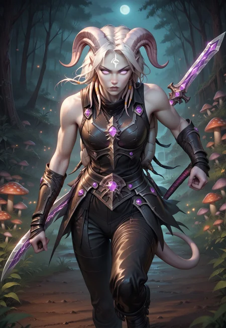 (absurdres, best quality, masterpiece:1.4), score_9, score_8_up, score_7_up, score_6_up, detailed, detailed body, detailed face, 

(culDraenei, female, purple eyes, no sclera, no pupils, athletic, tall, slim, pale skin, grey skin, long tail, long ears),

(((black leather armour, black trim, sleeveless, white padded leather trousers, white backpack))), 

holding sword, dynamic pose, combat pose, 

giant mushroom forest, night, nighttime, evening, close up, 