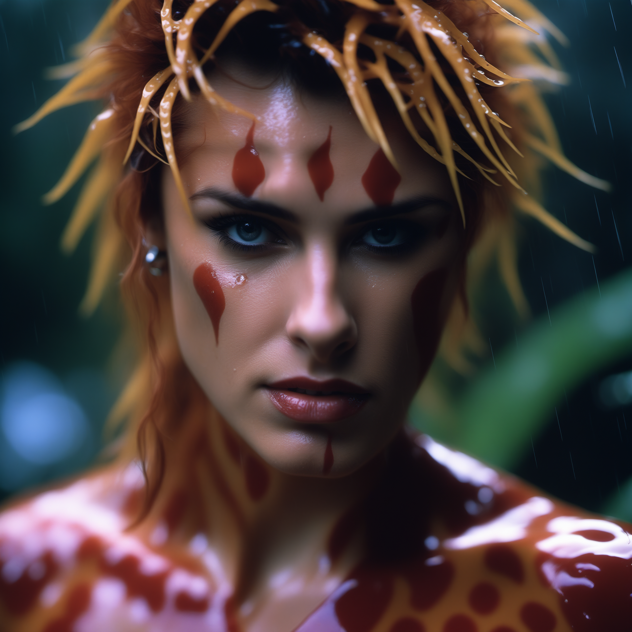 cinematic photo,
CheetaraQuiron character, in the rain, messy (wet:0.7) hair, intense expression, piercing gaze, (glistening wet skin:0.9), athletic pose, (nikon f4, 50mm f1.2, Fujichrome Velvia 50, bokeh), (ominous jungle , ambient light, volumetric light, god rays:1.2), medium breasts, wearing (wet:0.8)
35mm photograph, film, bokeh, professional, 4k, highly detailed,
<lora:SDXL1.0_quiron_Cheetara_v4p_Lora:1>